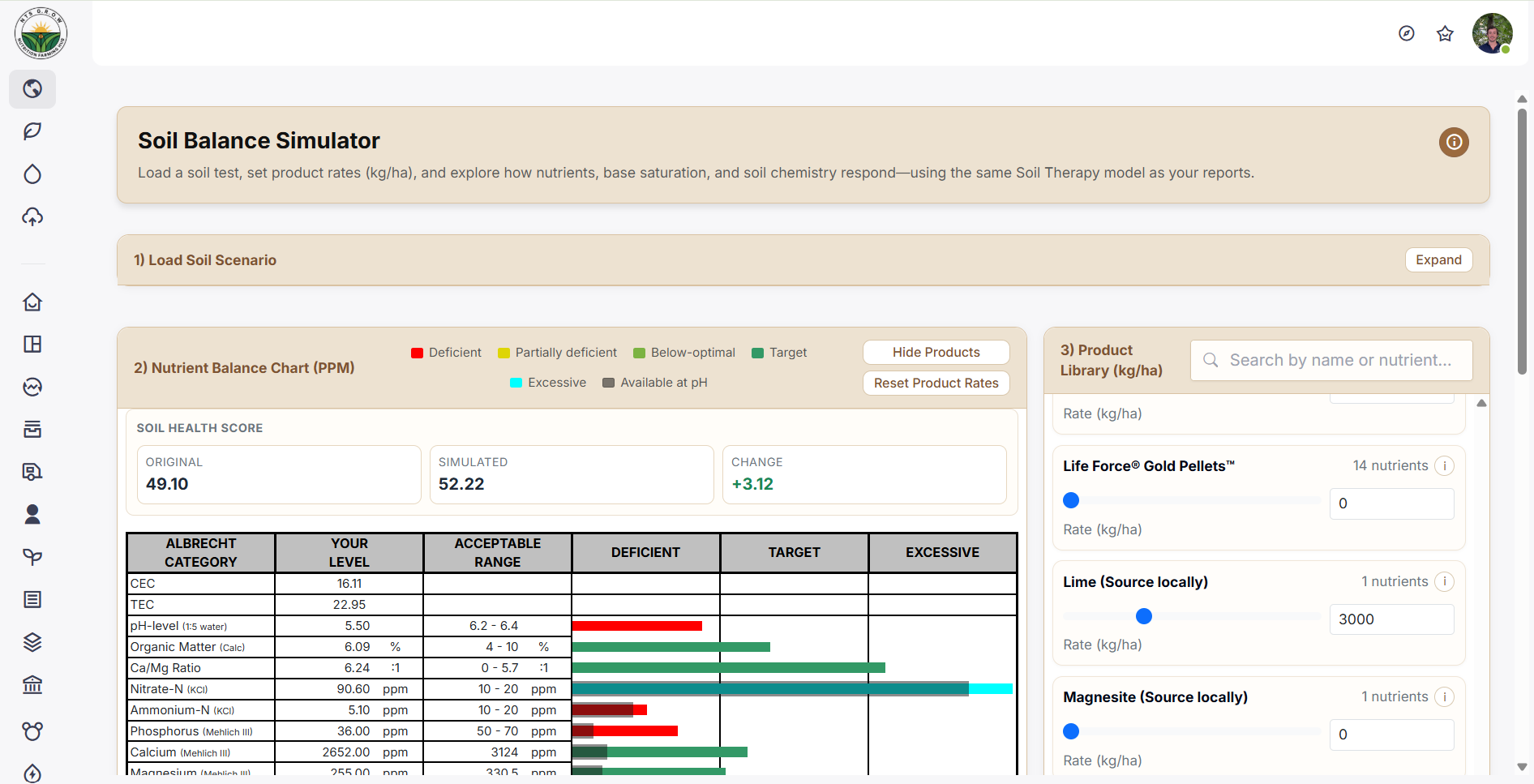 Soil Balance Simulator in NTS G.R.O.W showing nutrient scenario modeling