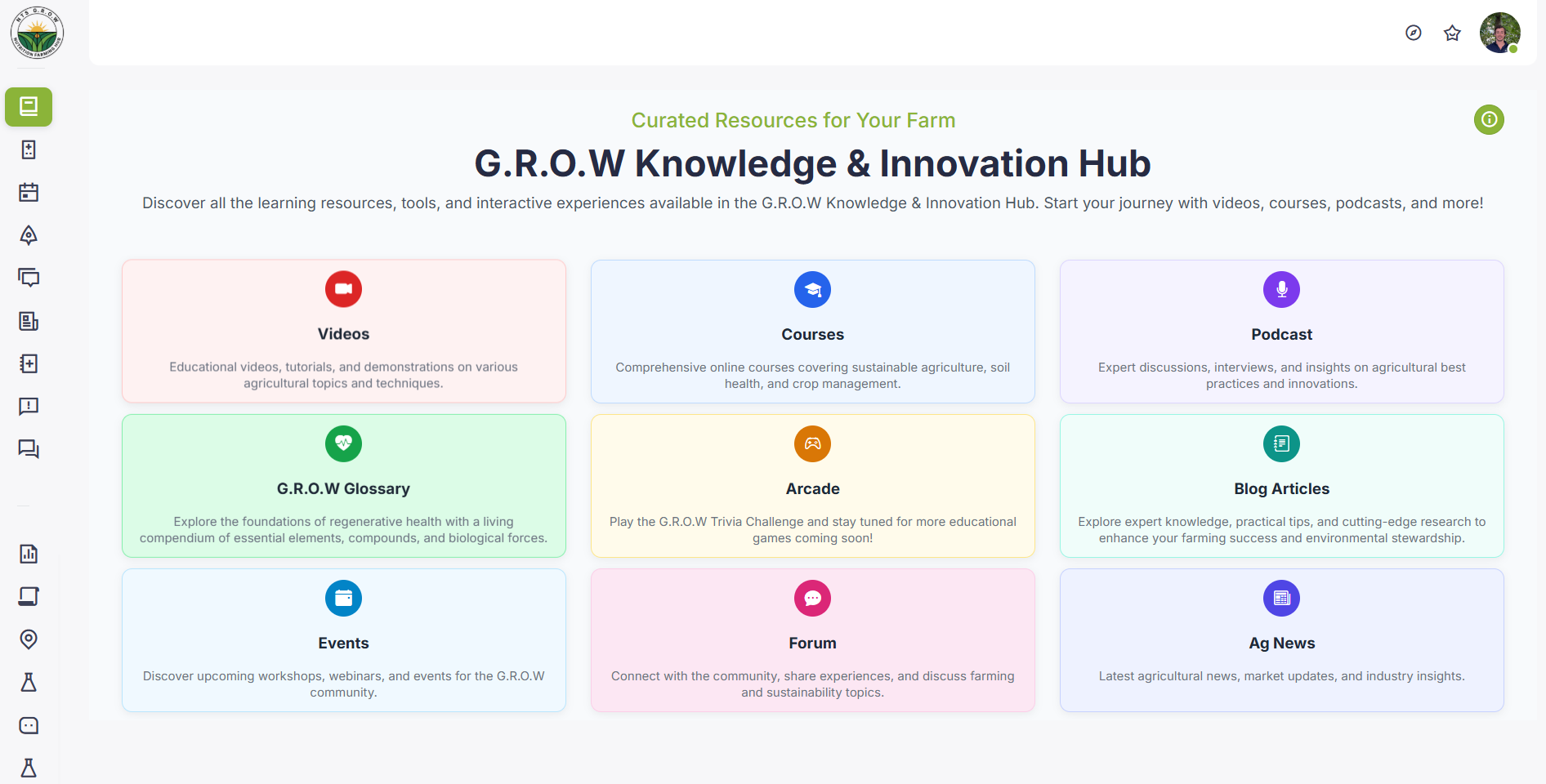 G.R.O.W Library landing in NTS G.R.O.W Wisdom with tiles into courses, videos, and articles