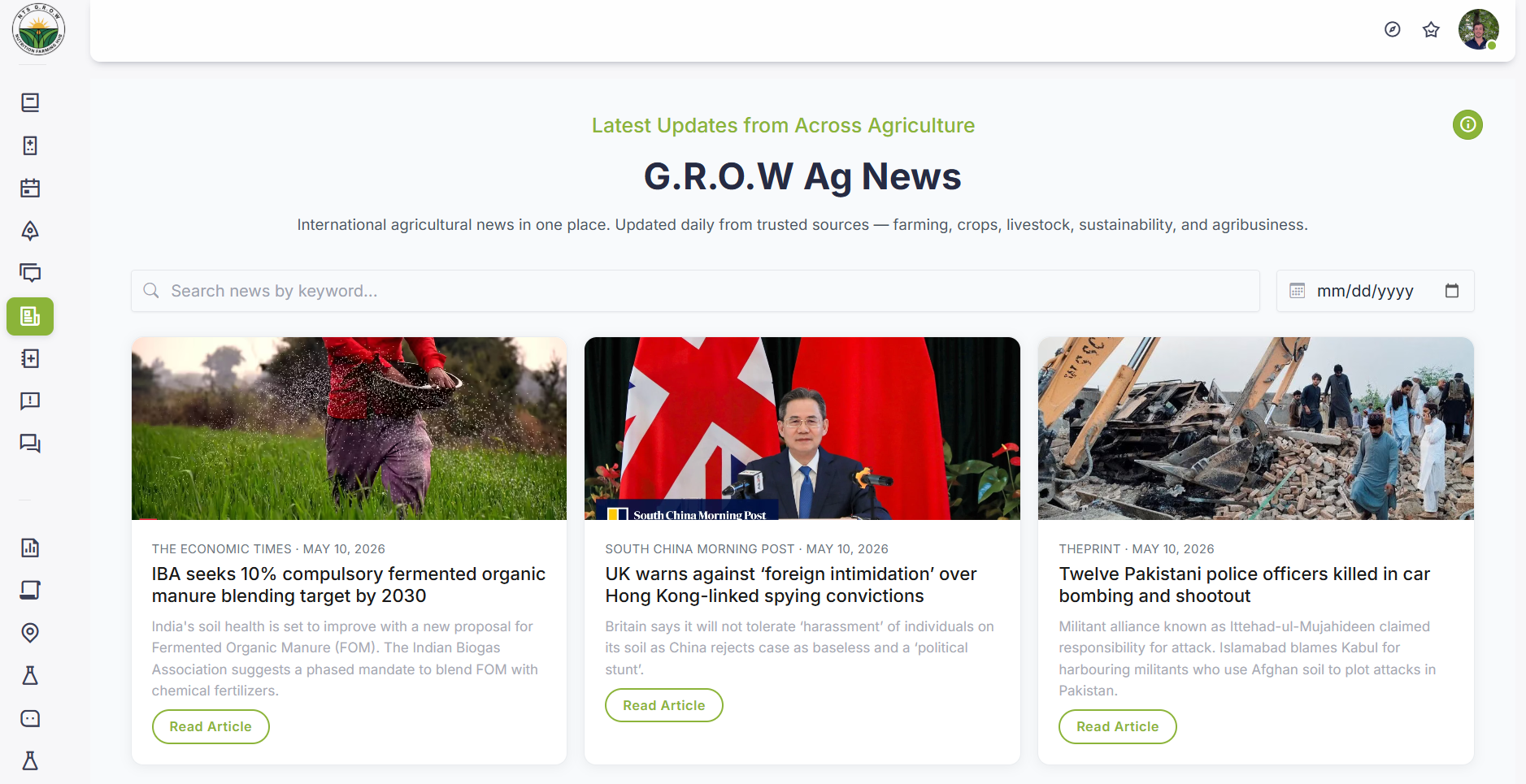 Global agriculture news feed with headlines and filters in NTS G.R.O.W Wisdom